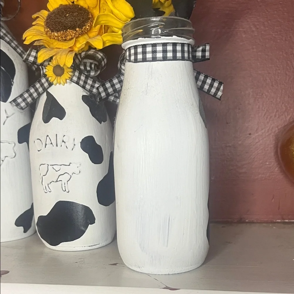 3 pc Hand crafted Cow Print Dairy Vase Set with Sunflowers